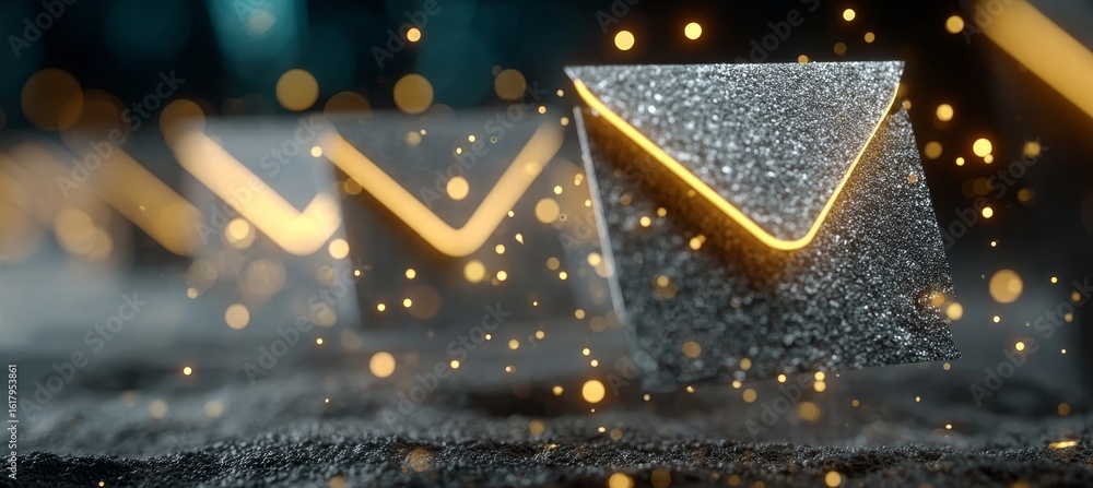 Poster shimmering envelopes hover in a dark cyberspace, creating a magical digital communication network