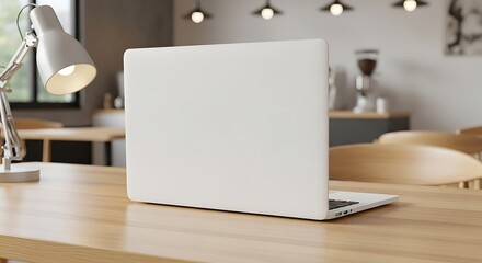 Working on Laptop at Wooden Desk with Lamp in Modern Interior