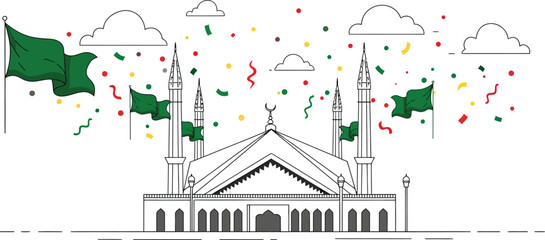 Pakistan Independence Day Vector – Line Art Mosque with Minarets, Green Flags, Clouds and Confetti for Peaceful Festive Celebration