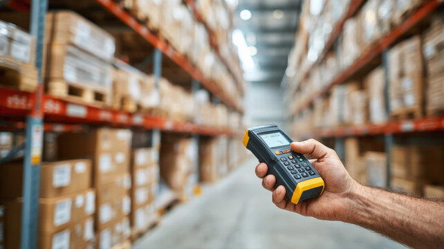 close up of barcode scanner at warehouse