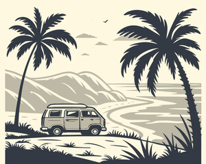 Vintage Camper Van Parked by a Tropical Beach with Palm Trees, Sunset Sky, and Relaxing Surfer in Retro Vector Style