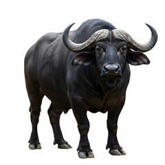 Majestic African buffalo with imposing curved horns stands powerfully, capturing wild nature's essence.
