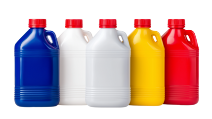 Colorful Plastic Bottles with Red Caps on Transparent Background