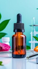 Amber Glass Dropper Bottle with Herbal Elements and Clean Background, amidst vibrant greenery and delicate flowers, symbolizing purity and wellness in skincare and aromatherapy.