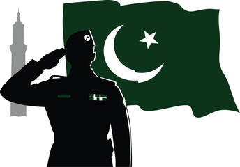 Pakistan Soldier Saluting Vector – Patriotic Silhouette with National Flag and Monument Backdrop for Independence Day and Civic Pride,14 August Happy independence day of pakistan vector art desing