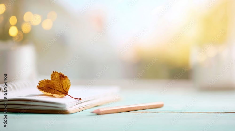 Poster leaf resting on an open notebook during a serene autumn afternoon