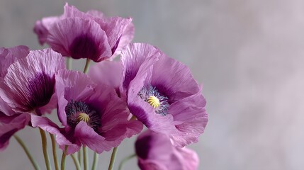 close-up of a bouquet of vibrant purple poppy flowers with delicate crepe-like petals, gracefully standing against a soft blurred grey background