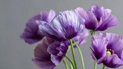 close-up of a bouquet of vibrant purple poppy flowers with delicate crepe-like petals, gracefully standing against a soft blurred grey background