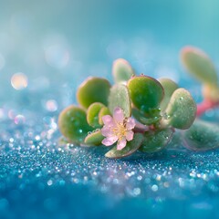 close-up of a cluster of small succulent green leaves with a single delicate pink flower blooming in the center