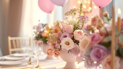 close-up of a pastel-themed graduation party table setup with fresh flower centerpieces in soft pink, lilac, and white tones