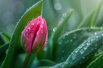 close-up, high-definition macro photograph of a pink tulip bud, surrounded by vibrant green leaves