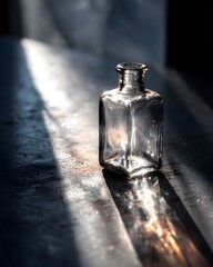 clear glass bottle on a dark table with a single beam of light passing through it, creating refractions and shadows on the surface