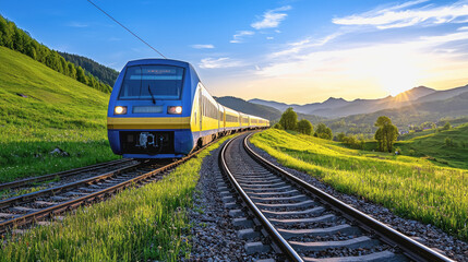 Naklejka premium Minimalistic train design beautifully captured while gliding down the tracks with a clear blue sky above