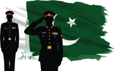 Pakistan Military Tribute Vector – Officers Saluting with National Flag and Monument Silhouettes for Independence Day, Patriotism, and Civic Pride