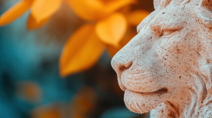 Fototapeta premium Majestic stone lion statue surrounded by autumn leaves in tranquil setting