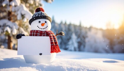Obraz premium Winter Wonderland: Snowman Holding a Blank Sign in Snowy Forest