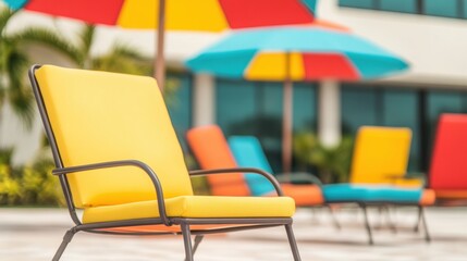 Colorful lounge chairs under bright umbrellas by the pool in summer afternoon