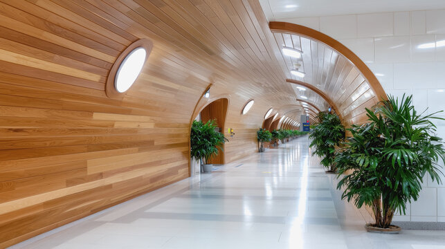Long hallway with a decorative plant adding a touch of greenery to the modern metro station interior space