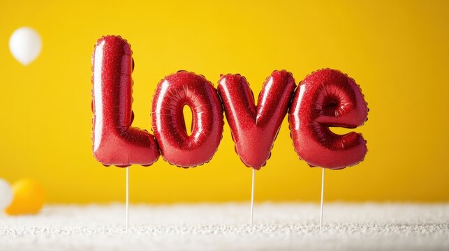Shiny red balloons form the word love against a cheerful yellow background, perfect for a joyful celebration or event
