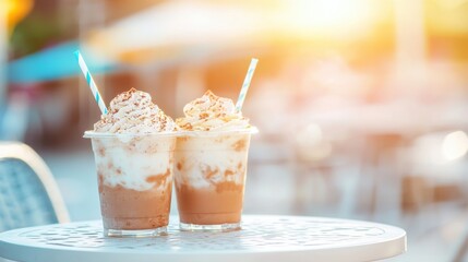 Refreshing chocolate milkshakes with whipped cream on a sunny afternoon
