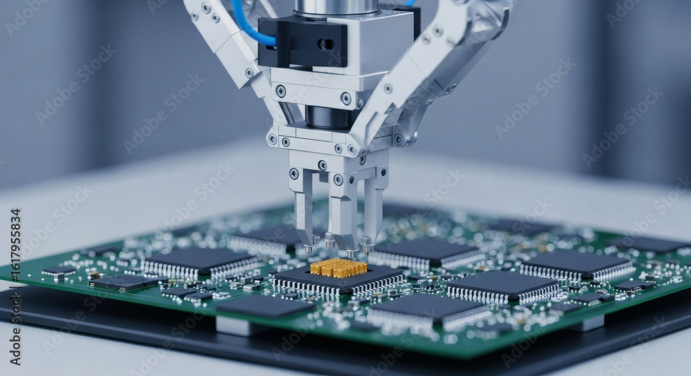 Poster an automated robotic arm precisely places a central processing unit onto a green motherboard.