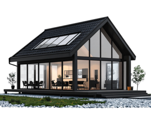 Tiny Modern House Silhouette with Large Glass Front, Black Vector Illustration