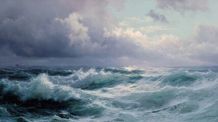 Waves crashing under a cloudy sky at dusk on a vast ocean