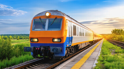 Naklejka premium A passenger train smoothly gliding along the tracks under a clear sky offering a glimpse of efficient transportation