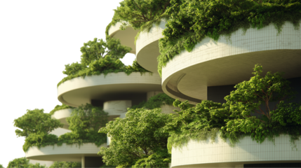 Futuristic Green Building with Lush Vertical Gardens on Balconies on Transparent Background