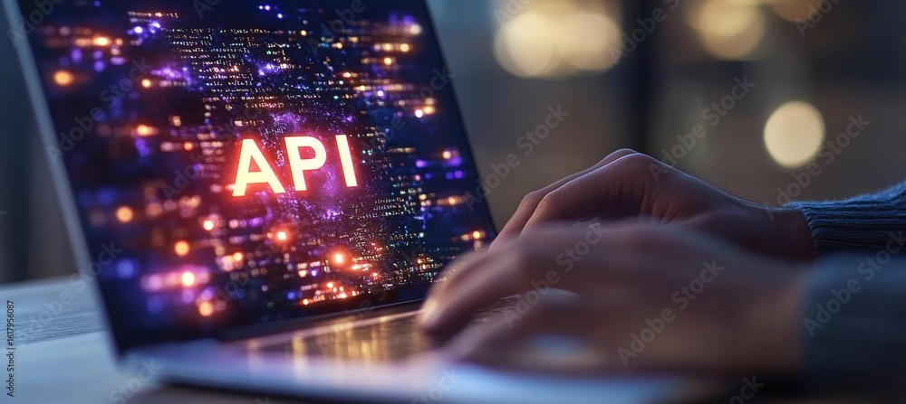 Poster stock image of a laptop displaying code for api integration in a modern business environment