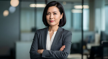 Confident Asian Businesswoman with Arms Crossed, Looking at Camera in Modern Office Environment, Portraying Leadership, Professionalism, and Corporate Success