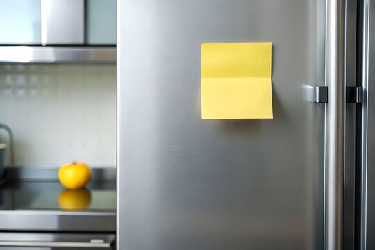 Yellow sticky note attached to a stainless steel refrigerator door - Powered by Adobe