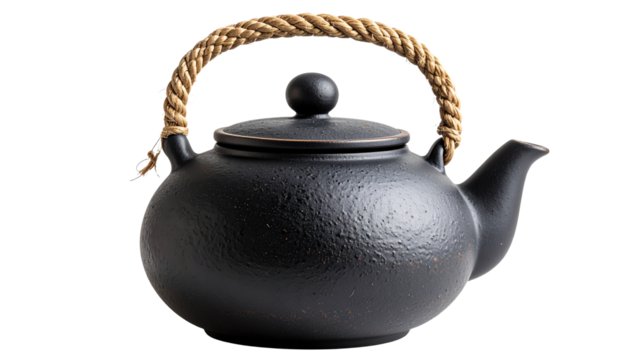 A black coarse - pottery teapot with a hemp - rope woven handle, simple and rustic, suitable for tea sets, home, Chinese - style materials isolated on solid white background in Png