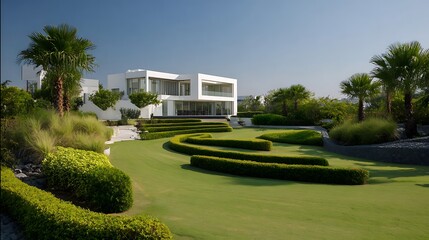 Modern white house with manicured lawn and palm trees under a clear blue sky day
