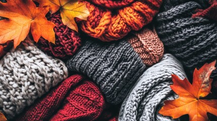 Cozy Autumn: Knitted Scarves and Maple Leaves in Warm Tones, Textured Fall Still Life