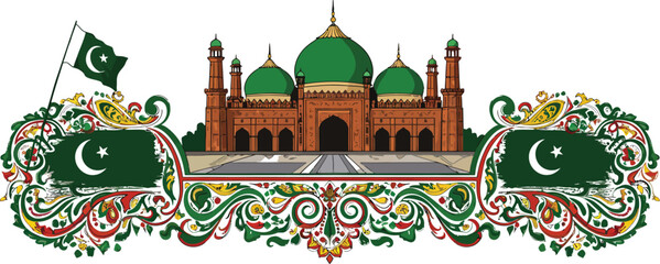 14 August Happy independence day of pakistan vector art desing – Ornate Mosque Illustration with Green Domes, Floral Decorations, and National Flags for Patriotic Celebration