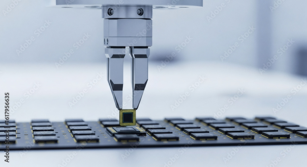 Poster a robotic arm precisely places a microchip onto a circuit board, showcasing automated manufacturing.