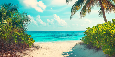 Sandy tropical path leading through lush green palms to turquoise ocean and bright blue sky creating a serene beach paradise atmosphere