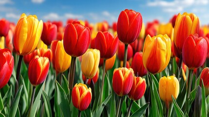 Vivid red and yellow tulips blooming in a colorful flower field under a bright blue sky