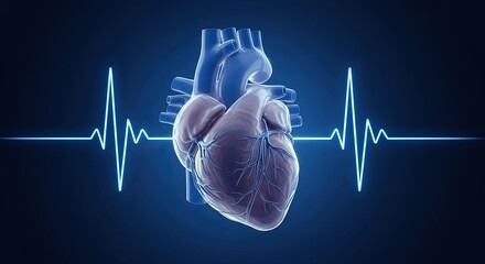 Anatomical heart with a pulsating electrocardiogram line