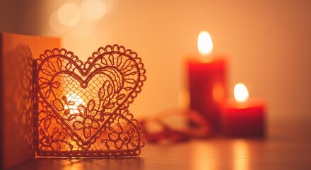 Intricate Lace Heart Illuminated by the Warm Glow of Romantic Candles