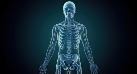 Anatomical illustration of a human skeleton against a dark gradient background