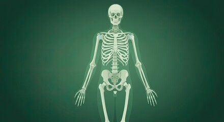 Anatomical illustration of the human skeleton against a dark green background