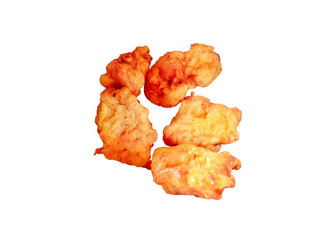 Close up of five pieces of golden-brown fried chicken nuggets isolated on a transparant background stock photo 