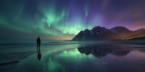 Obraz premium Spectacular Aurora Borealis Over Beach Scene in Lofoten Islands Norway