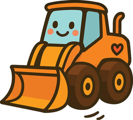 Smiling Cartoon Bulldozer Vector – Cute Construction Vehicle with Happy Face, Heart Emblem, and Chunky Wheels for Kids’ Educational Media and Nursery Projects