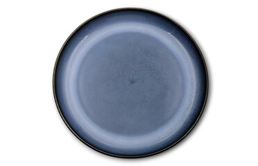 Top view of an elegant blue-grey gradient ceramic plate with textured finish and dark rim, isolated on white background.