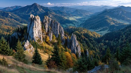 Obraz premium Autumnal mountain vista, rocky peaks