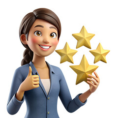 Young Smiling Woman Jane Pointing at Five Golden Stars &ndash; Positive Feedback, High Rating, Customer Review Concept, 3D Rendering