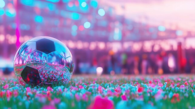 Colorful soccer ball resting on vibrant field during a lively match - Powered by Adobe